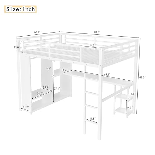 Bellemave Queen Size Loft Bed with Desk, Wardrobe, Metal Queen Loft Bed Frame for Adults, Kids, Teens, White Bellemave