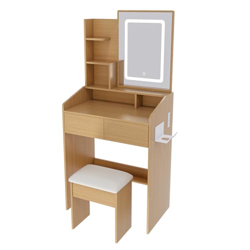 QueZeiah Small Makeup Vanity Desk with Mirror and Lights, Mini Vanity with Stool, 2 Large Drawers, Charging Station, Dressing Table Set for Women's Bedroom, Dressing Room, Wood QueZeiah