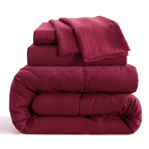 NTBAY Twin Comforter Set with Sheets, 5 Pieces Soft and Breathable Twin Bedding Set, Twin Bed in a Bag, Down Alternative Comforter Set Solid Color All Season, Kids Bedding Set, Wine Red NTBAY