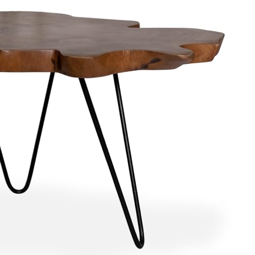 East at Main Live Edge Teak Wood Coffee Table, 31.5" Round, Natural Finish – Handcrafted Teak Wood Puzzled Together to Form a Unique Organic Accent Table for Rustic & Modern Decor East at Main