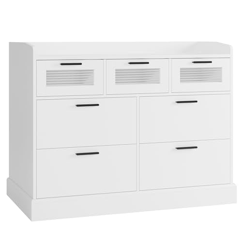 HOSTACK Modern 7 Drawer Double Dresser for Bedroom, Wide Chest of Drawers with Fence, Wood Storage Organizer with Metal Handle & Fluted Glass, Accent Storage Cabinet for Living Room, Entryway, White HOSTACK