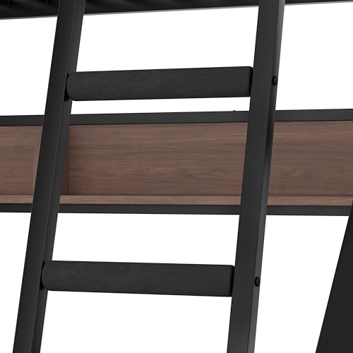 Bellemave Bunk Beds Twin Over Full Size with Storage Shelves & LED Light, Metal Twin Over Full Bunk Bed Frame with Wood Board & Sturdy Slats, Heavy Duty Bed Frame, Noise Free, Black Bellemave