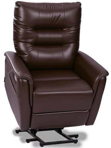 EONIX Wall Hugger Power Lift Recliner Chair for Elderly, Dual Motor Zero Clearance Power Lift Chair for Small Spaces, Electric Lumbar Support with Heat & Massage, Breathable Leather, Dark Brown