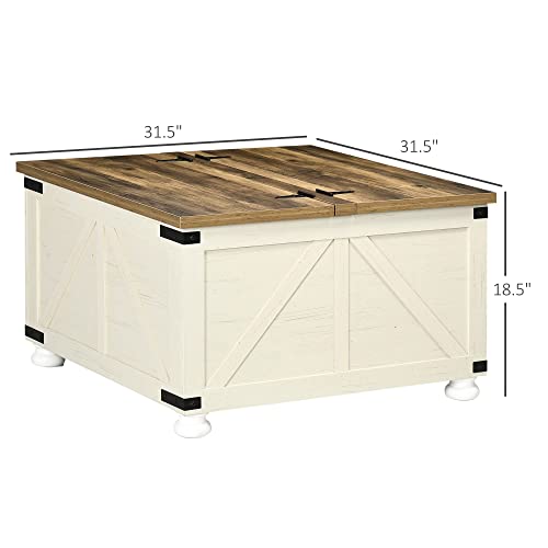 HOMCOM Farmhouse Coffee Table, Square Coffee Table with Storage for Living Room, Center Table with Hinged Flip Lift Top and Hidden Space, Antique White HOMCOM