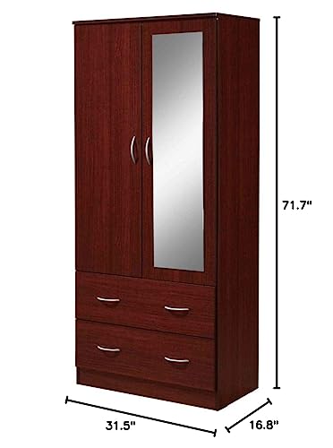 HODEDAH 2 Door Wood Wardrobe Bedroom Closet with Clothing Rod inside Cabinet, 2 Drawers for Storage and Mirror, Mahogany Hodedah