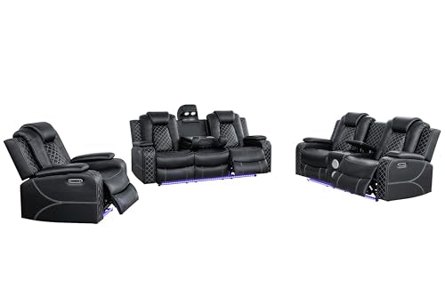 Ball & Cast Power Recliner Sofa Set Leather Reclining Couch Home Theater Seating 3PCS Recliner Couch Loveseat & Chair Sets with Coffee Table,Reading Light,Cup Holders for Home Theater,Living Room