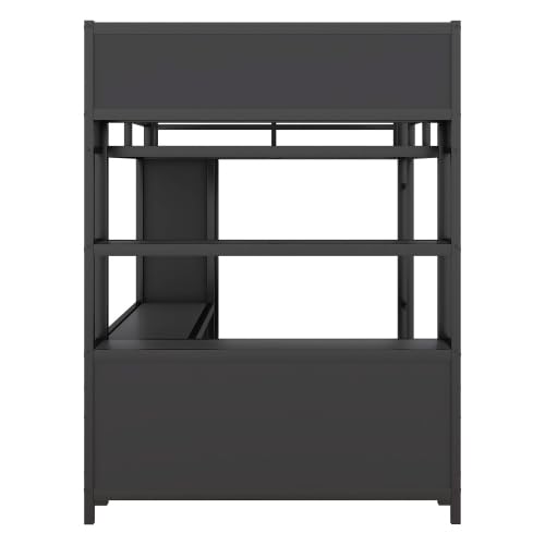 Bellemave Metal Loft Bed with Wardrobe and L-Shaped Desk, Full Size Loft Bed with Storage Cubes and Shelves, Heavy Duty Loft Bed for Kids Teens Adults, Black Bellemave