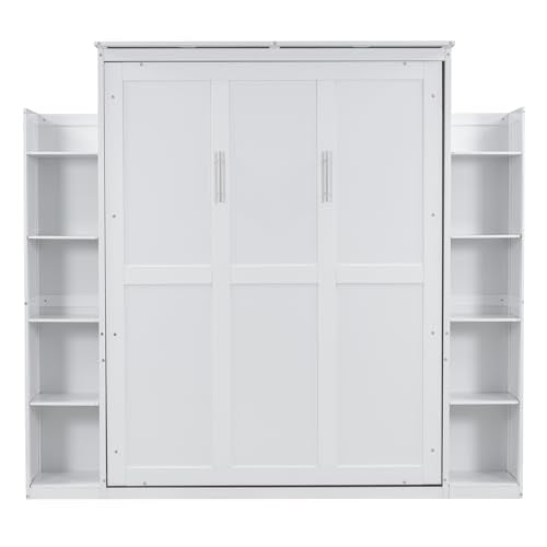 Harper & Bright Designs Queen Size Murphy Bed, Wooden Wall Bed with Shelves and LED Lights, White Harper & Bright Designs