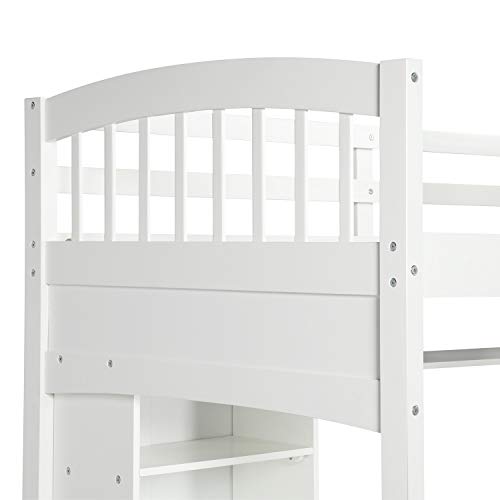 Merax Twin Loft Bed with Desk, Solid Wood Twin Size Loft Bed Frame with Shelves, White Merax