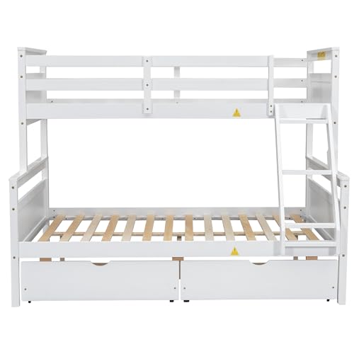Merax Twin Over Full Bunk Bed, Kids Bedroom White Wooden Bunk Bed Frame, Convertible to 2 Separated Beds with 2 Big Drawers, Ladder & Guardrail for Teens, Wood Slat Support, Easy Assembly, White Merax