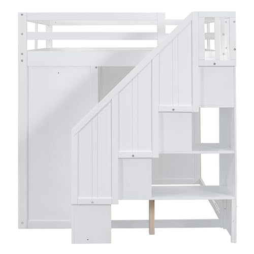 Ball & Cast Full Size Loft Bed with Storage Staircase & Safety Guardrail,Sturdy Wood Bedframe W/ 3 Cabinets & 4 Drawers,Built-in Wardrobes,Space Saving,for Boy Girl Kids Small Bedroom Dormitory,White Ball & Cast