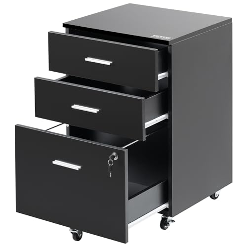 VEVOR File Cabinet, 3-Drawer Wood Filing Cabinet, Locking Office Cabinet for Letter/A4 Size, File Cabinet with 5 Wheels for Home Office, Black VEVOR