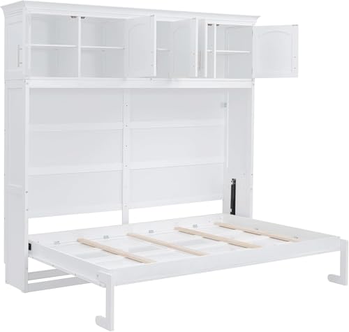 Virubi Queen Horizontal Murphy Bed with Storage Cabinet,Wood Folding Murphy Wall Bed for Adult (White,Queen) Virubi
