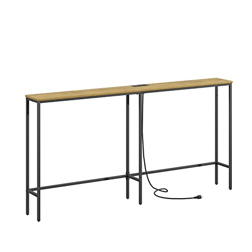 SONGXIN 63 Inch Console Table with Power Outlet,Modern Narrow Long Sofa Table Behind Couch,Skinny Entry Table with Black Metal Frame for Entryway,Living Room, Hallway,3D Oak SONGXIN