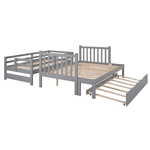 Twin over Full Bunk Bed with Trundle for 2 Kids, Wood Twin over Full Size Bunk Bed with Storage Cabinet and Drawers, Convertible Bunk Beds Split into 3 Beds for Teens, Adults, Noise-reduced, Gray Harper & Bright Designs