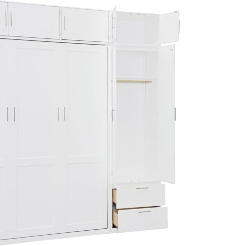 Merax Murphy Bed Queen with Wardrobe and Top Cabinet, Murphy Bed Cabinet Queen with 2 Drawers and Storage Shelves, No Box Spring Needed, White Merax