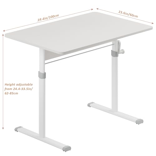 Kripyery Manual Crank Standing Desk, Adjustable Height Ergonomic Computer Desk with 40 x 24 Inch Wood Top, Lockable Wheels, for Home Office or Study, Easy Assembly, 150lbs Capacity White Kripyery
