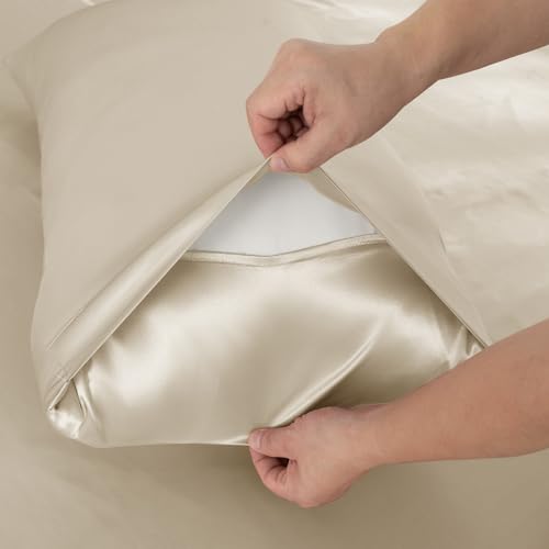 NSGZ 3 Pcs Satin Fitted Sheet and Pillowcase Set, King Silky Bottom Bedsheet Fit up to 15 Inch Deep Pocket Mattress, Taupe Soft Satin Bedding Includes 1 Fitted Sheet and 2 Pillowcases NSGZ