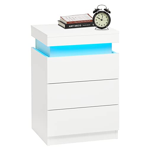 ADORNEVE Nightstand with Charging Station and LED Lights,Night Stand with Sliding Top for Bedroom,Bedside Table with Drawers,Modern End Side Table,White ADORNEVE
