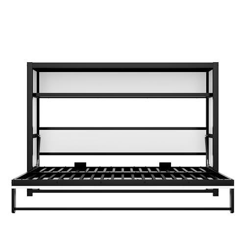 JIVOIT Twin Size Murphy Bed, Metal Wall Bed with Integrated Shelf for Storage & Decor, Space-Saving Metal Foldable Platform Bed, No Spring Box Needed (White//7) JIVOIT