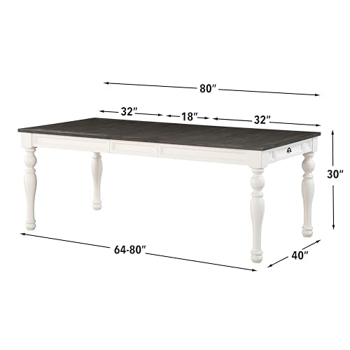 Steve Silver Furniture Joanna 7pc Dining Set, Two Tone Dark Oak/Ivory Finish, 64"-80" w/ 18" Leaf and 6 Stoolhouse Styled Slat Back Side Chairs, Dining Room, 64" L x 40" W x 30" H, White Steve Silver