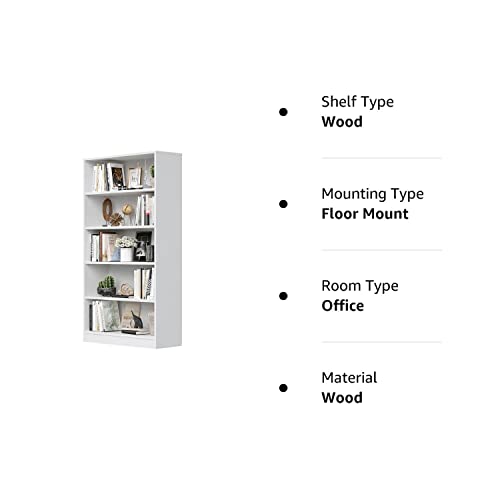 5-Shelf White Wooden Bookcase for Home, Office, and School Display Sunon