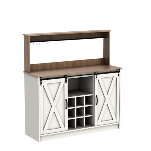 4ever2buy Farmhouse Coffee Bar Cabinet with 6 Hooks, 47'' Kitchen Coffee Bar with Hutch and 9 Wink Racks, White Coffee Bar Table with Sliding Barn Door for Dining Living Room 4ever2buy