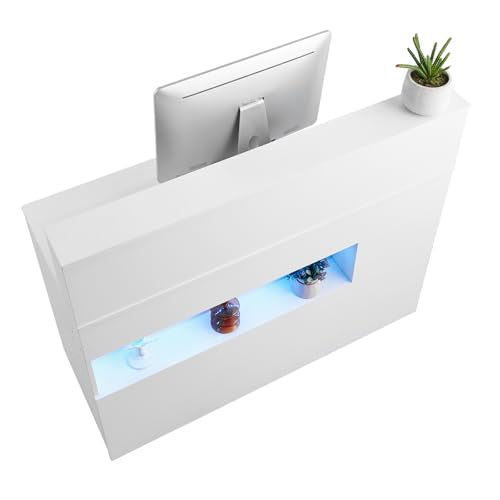 VEVOR Reception Desk, 47 Inch Rectangular Front Counter Table, Office Reception Desk with LED Light, 2 Drawers and Power Outlets, for Checkout, Lobby, Beauty Salon and Office, White VEVOR