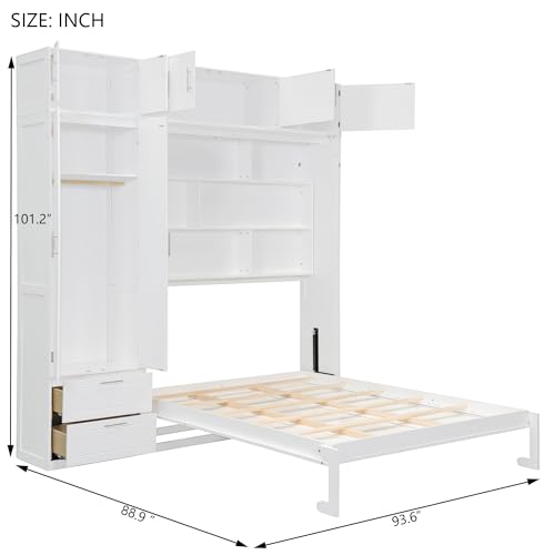 Merax Queen Size Murphy Bed with Top Cabinet, Shelves and Wardrobe, Fold into The Wall, Space-Saving Design, Multifunctional Foldable Platform Bed Frame for Bedroom, Guest Room, Home Office, White Merax