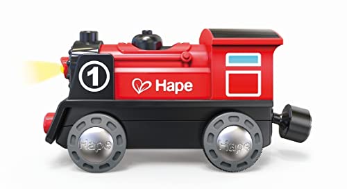 Hape Wooden Railway Battery Powered Engine No. 1 Kid's Train Set Red, White, Black, Blue, L: 3.7, W: 1.3, H: 1.9 inch Hape