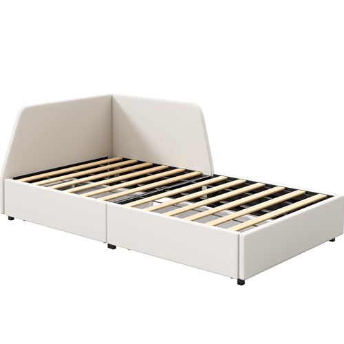 LIKIMIO Premium Twin Corner Day Bed Frame, Modern Upholstered Daybed with Headboard & Storage Drawers & Safety Rail, Perfect for Teen Room/Small Space/Apartment Essential LIKIMIO