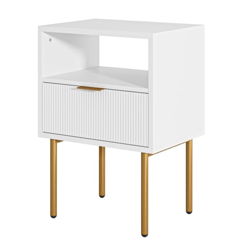 AEPOALUA Nightstand,Modern Bedside Table with Gold Frame,White Night Stand,Bedside Furniture,Small End Table with Drawer and Shelf for Bedroom,Living Room AEPOALUA