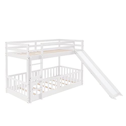 Bellemave Twin Over Twin Floor Bunk Bed with Slide and Ladder, Low Bunk Bed for Kids, Girls, Boys, Removable Fence, White with Fence Bellemave