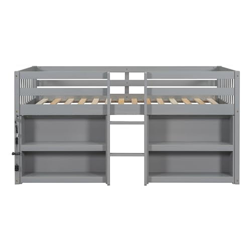 Harper & Bright Designs Low Loft Bed with Storage Shelves and LED Light for Kids, Twin Size, Gray Harper & Bright Designs