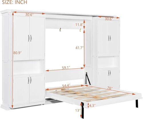 MERITLINE Full Murphy Bed with Storage Shelves,Cabinets,Bookcase, Wood Vertical Murphy Wall Bed Cabinet with Storage Shelves Bookshelves,for Adults,White MERITLINE