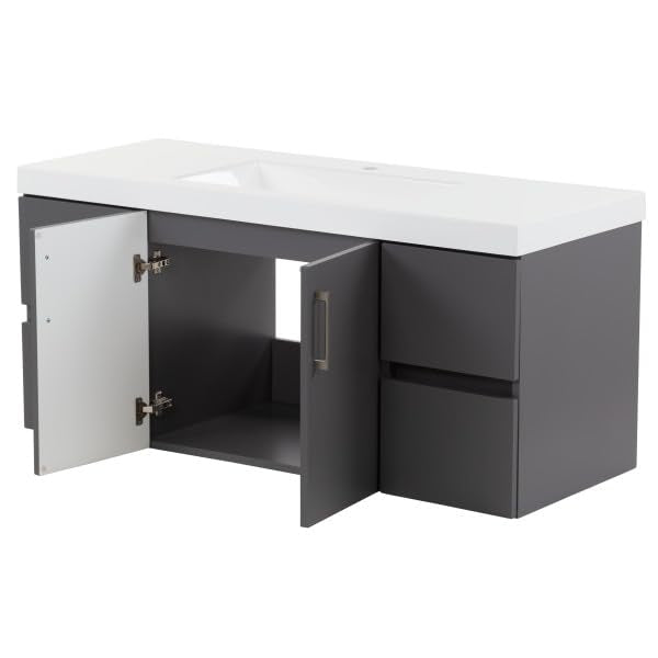 Spring Mill Cabinets Innes 48 Inch Floating Bathroom Vanity with White Single Sink Top, 2-Door Cabinet, 4 Soft-Close Drawers, 48.5" W x 18.75" D x 22.25" H, Cement Spring Mill Cabinets