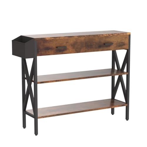 Gizoon 39" Rustic Brown Industrial Console Table with 2 Drawers and 3-Tier Storage Shelves Gizoon