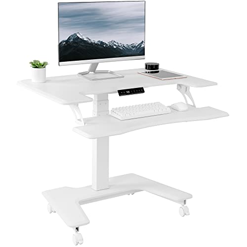 VIVO White Electric Mobile Height Adjustable 36 inch Dual Platform Standing Desk with Wheels, Rolling Small Space Table, Sit Stand Workstation, DESK-V111VTW VIVO