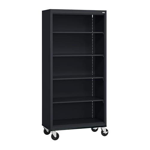 Sandusky Lee BM40361872-09 Mobile Bookcase with 4 Adjustable Shelves, Steel Rolling Bookshelf Storage Cabinet, 78"H, Black Sandusky