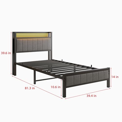 Twin Bed Frame with Charging Station and LED Lights,Upholstered Headboard with Storage Shelves,Metal Single Platform Bed Frame Twin Size with Strong Metal Slats Support No Box Spring Needed,Noise Free BOFENG