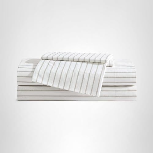 Eddie Bauer - Queen Sheet Set, Cotton Percale Bedding Set, Super Soft and Bedding Set, Oeko-Tex Certified (Essential Stripe Beige, Queen) Eddie Bauer