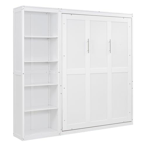 MERITLINE Full Murphy Bed with Storage Bookcase Shelves,Wood Folding White Murphy Wall Bed Cabinet MERITLINE