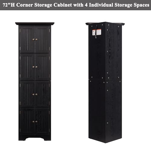 TRJQBCC 72" H Farmhouse Corner Storage Cabinet with 8 Doors & 4 Shelves, 4 Tier Kitchen Corner Pantry Cabinet Wooden Organizer Case Bookshelf, Home Space Saver Cabinet for Kitchen,Living Room(Black) TRJQBCC