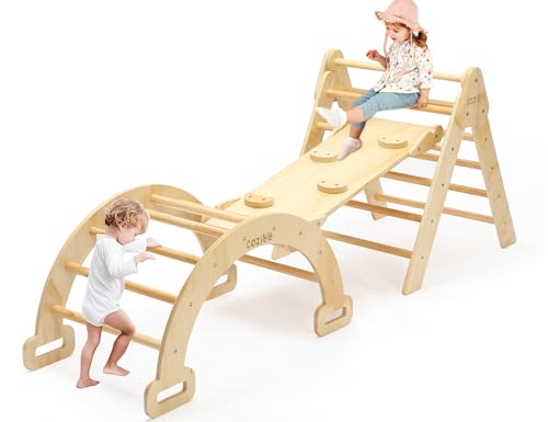 CoziBB Pikler Triangle Set, 5 in 1 Wooden Montessori Climbing Toys Baby Indoor Playground Gym, Foldable Indoor Climbing Toys with Ramp, Arch Climber, Baby Climbing Toys for Toddlers 1-3 Inside CoziBB