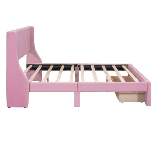 Anwick Queen Size Storage Bed Frame Velvet Upholstered Platform Bed with a Big Drawer, Upholstered Bed Frame with Strong Wooden Slats, No Box Spring Needed, Easy Assembly (Pink, Queen) Anwick