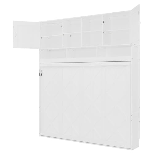 Queen Horizontal Murphy Bed with Storage Shelves,Wood Folding Hideaway Murphy Wall Bed with Storage Bookcase for Adults (A White) MERITLINE