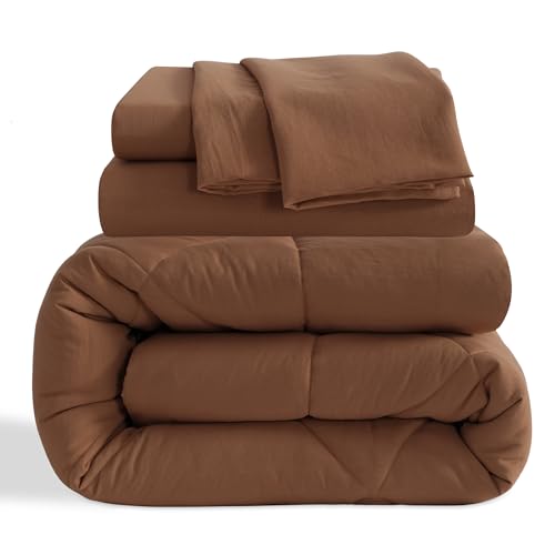 NTBAY Twin Comforter Set with Sheets, 5 Pieces Soft and Breathable Twin Bedding Set, Twin Bed in a Bag, Down Alternative Comforter Set Solid Color All Season, Kids Bedding Set, Brown NTBAY