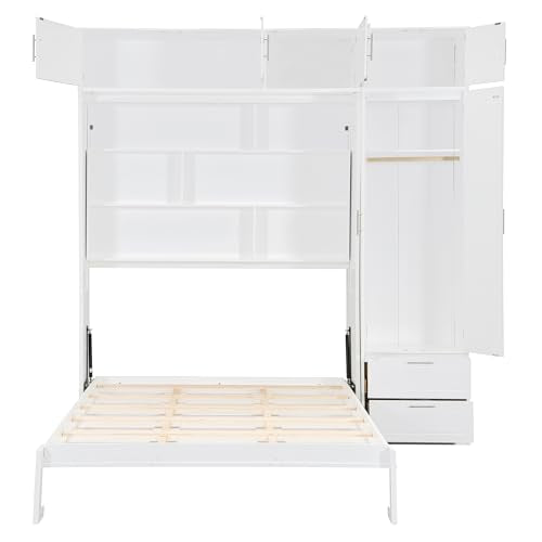 Merax Murphy Bed Queen with Wardrobe and Top Cabinet, Murphy Bed Cabinet Queen with 2 Drawers and Storage Shelves, No Box Spring Needed, White Merax