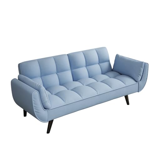 Majnesvon Velvet Futon Sofa Couch Bed with 2 Pillows, Convertible Folding Futon Couch with Adjustable Backrest, Love Seat Sleeper Sofa Bed for Small Spaces, Living Room, Office, Apartment (Blue) Majnesvon