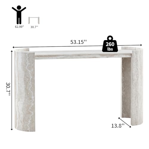 BFJDM 53" Faux Travertine Stone Console Table for Entryway, Sofa Entrance Table with Faux Mars Marble Pattern, Modern Sofa Tables with Round Raised Edge Design for Living Room, Hallway, Foyer, Beige BFJDM